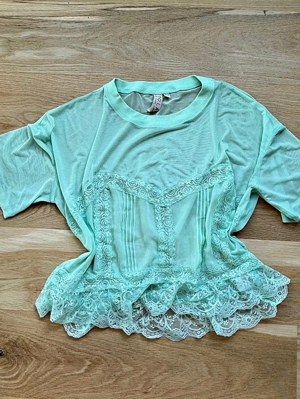 Anthropologie Lace Hem Short Sleeve Top in Green